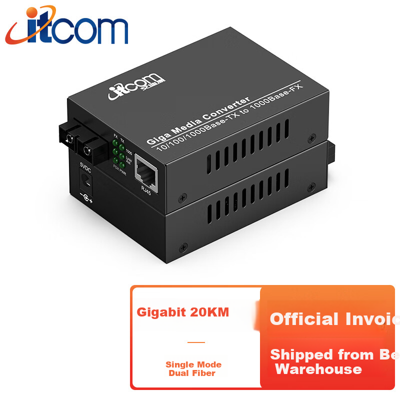 Itcom, Telecom-Grade Fiber Optic Transceiver, Gigabit One Pair Single-Mode Dual-Fiber Optical-Electrical Converter, SC Interface, 20km Network Monitoring, Lightning And Surge Protection, IT168-GE