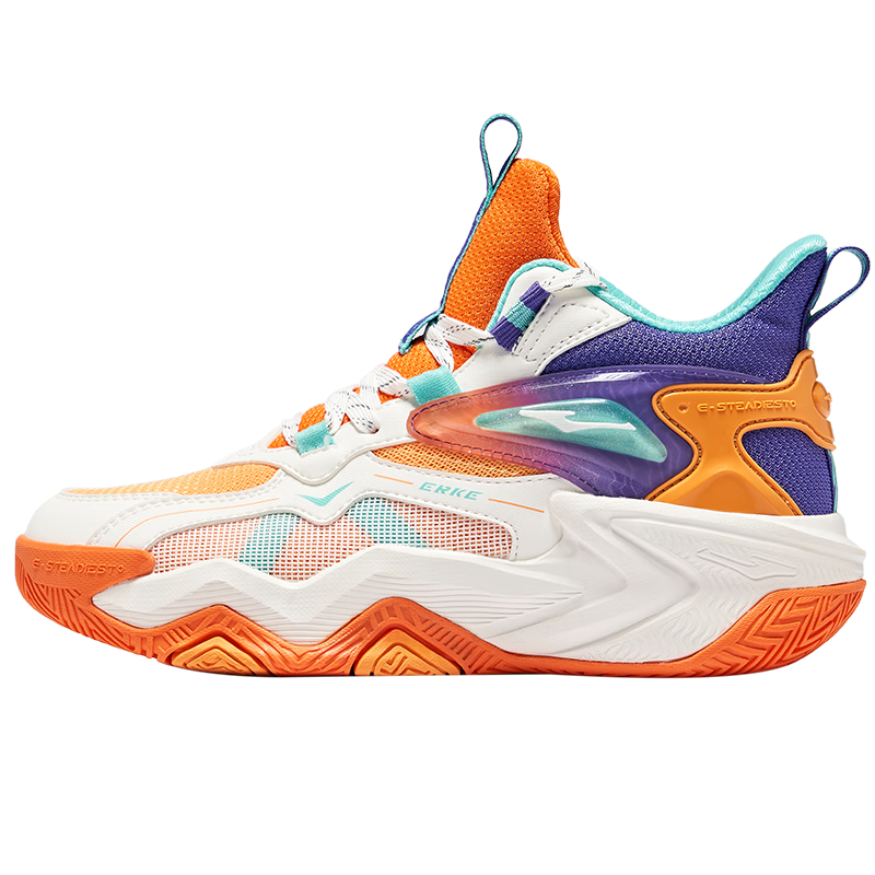 ERKE Children's Basketball Shoes for Spring, Boys' Lace-Up Shock-Absorbing Sneakers, Micro-Crystal White/beeswax Orange, Size 39