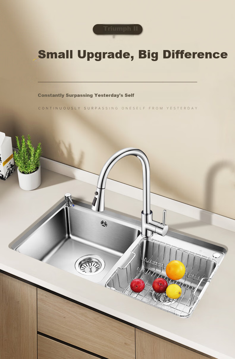 OULIN Double Sink Kitchen Sink, 0 Coating, SUS304 Stainless Steel, Thickened Water Basin with Brass Pull-Out Faucet 1