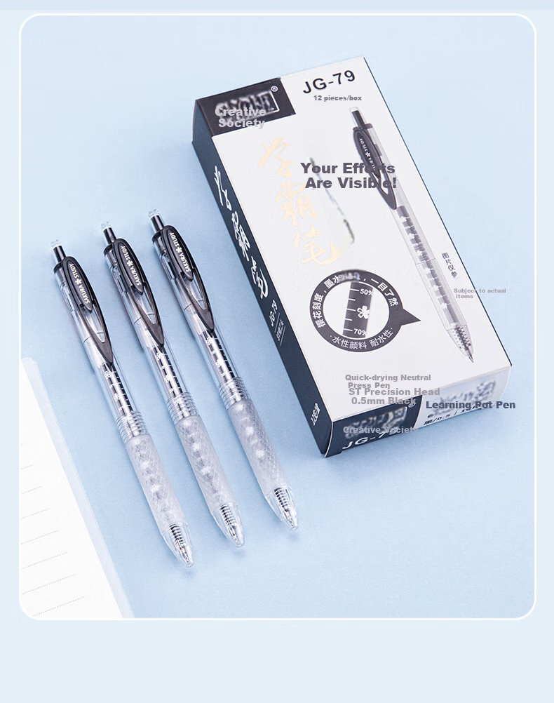 CHENQI STATIONERY Scholar's Smooth Writing Pen for Exam Practice, 0.5mm Quick-Drying Retractable Gel Pen, Black Stylish ST Tip, for Students' Homework And Exams, Signature Pen, Water-Based Ink, JG-79/black 14