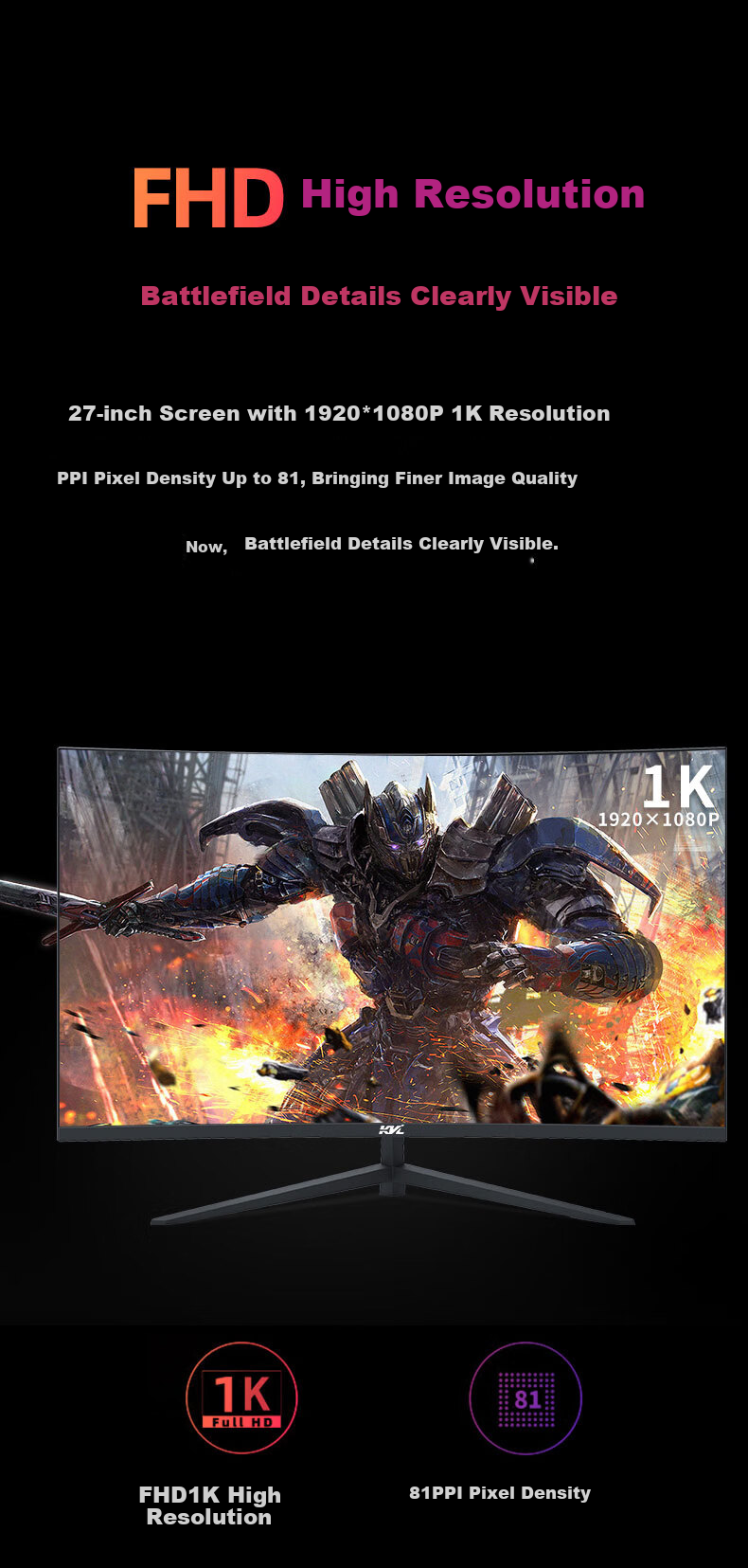 KVL Computer Monitor, 27-Inch, 180Hz, Professional Gaming Display, High-Definition, R1500 Curved, 1ms Response Time, KV27FCV 2