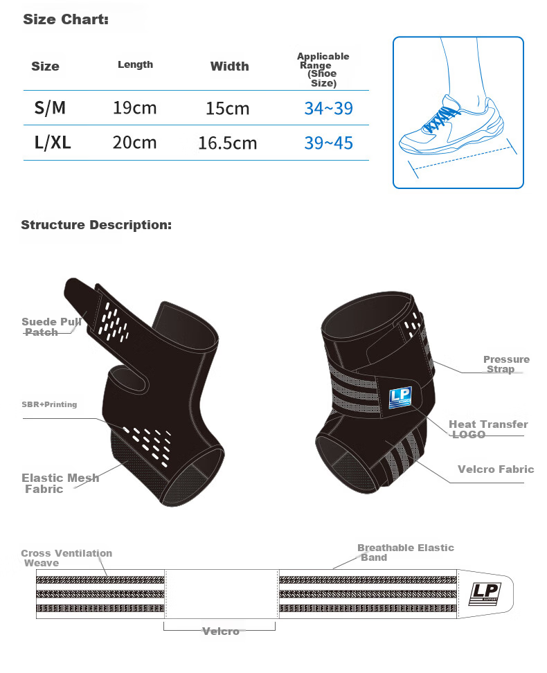 LP Double-Fixed Professional Sports Ankle Brace, Joint Protection for Sprains And Twists, Protective Sleeve 1307CK, Single Piece L/XL 14