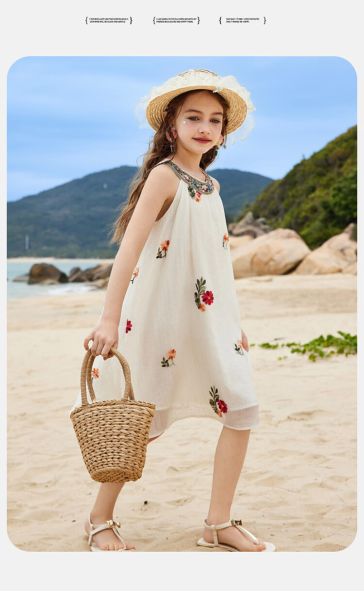 ASK JUNIOR Girls Summer Dress Lightweight Embroidered Sleeveless Dress Beach Vacation Children's Dress White 10