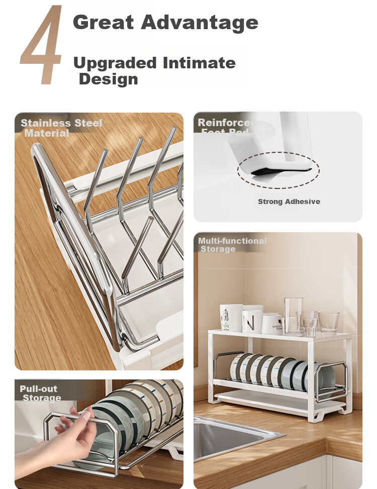 Shengxitao Stainless Steel Bowl And Plate Rack, Pull-Out Kitchen Dish Storage Shelf, Cabinet Draining Rack, Dish Organizer 2