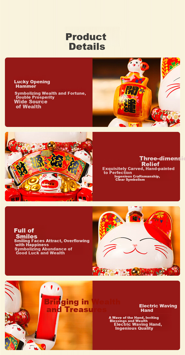 JD Jingzao Fortune Cat Lucky Cat for Living Room Cashier Desk Wealth Attracting Ornament Housewarming Opening Gift Automatic Waving Hand Prosperity Cat 5