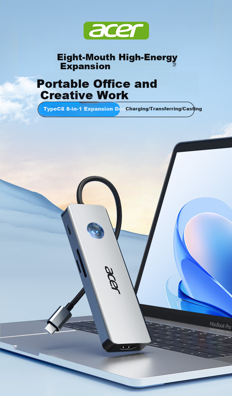Acer Type-C 8-In Expansion Dock USB3.0 Hub HDMI Compatible with Huawei Android Laptops MacBook Converter with Card Reader Adapter 1