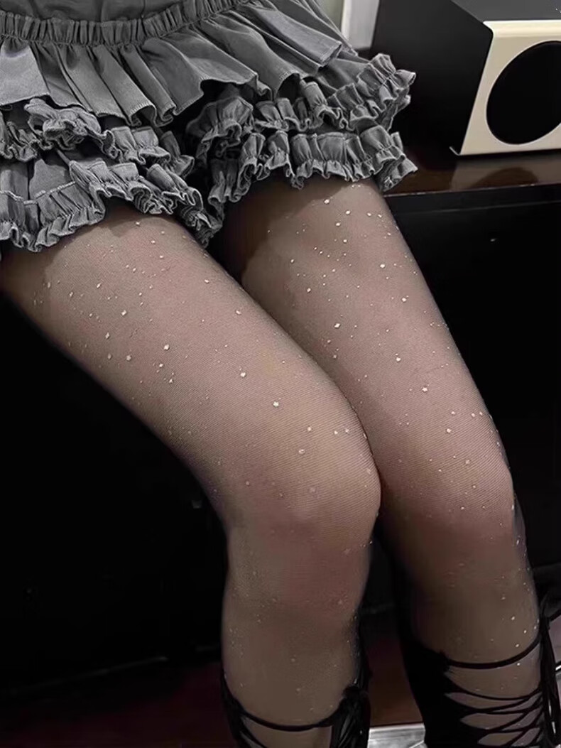 LangSha Ultra-Thin Stockings for Women, Pure Desire Sequin Bling Black Silk JK Sexy Girl Erotic Flesh-Colored Thigh-High Nightclub Pantyhose 16