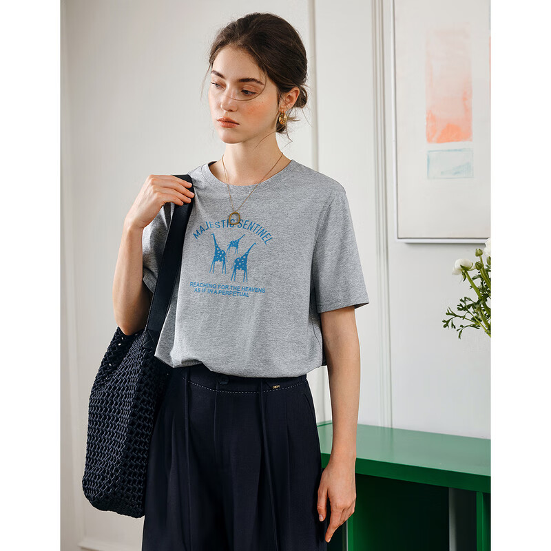 Oulain Summer Flocked Fun Printed Gray Round Neck Loose Casual Short-Sleeve T-Shirt Women's Top, Floral Gray, M