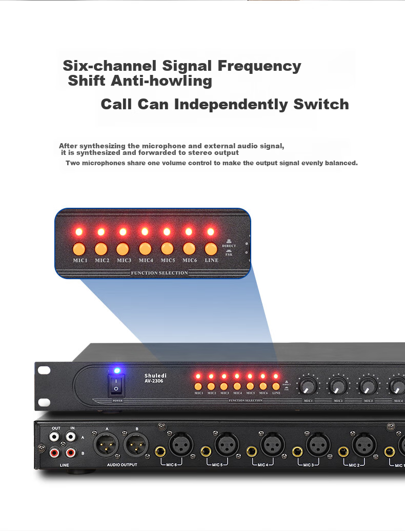 Shuledi AV-2306 Domestic Wired Microphone Mixer, Conference Microphone Expander, 48V Power Supply, Professional Audio Equipment (12 Channels) 6