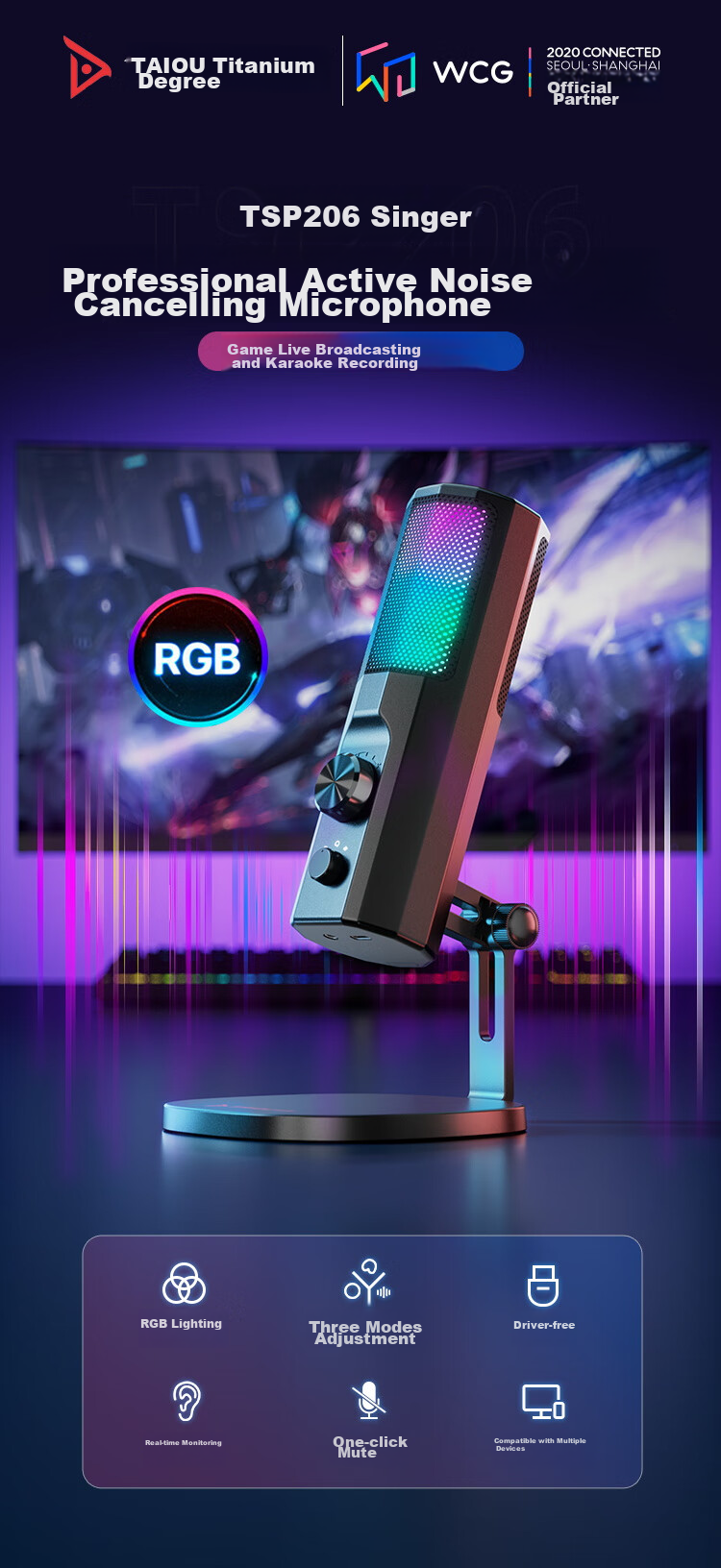 Taidu TSP201 Xingchuan F1 Computer Microphone, Desktop Microphone, USB Port, RGB Lighting Effects, Black 1
