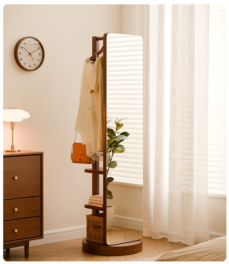 JIAYI Solid Wood Full-Length Mirror, Floor-Standing Rotating Dressing Mirror with Clothes Rack, Integrated Fitting Mirror for Home Bedroom Storage Floor Mirror 2