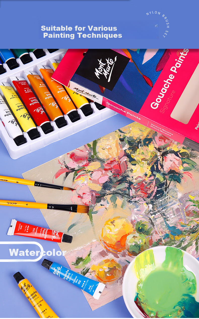 [Lowest Price Online] Mont Marte Acrylic And Gouache Paint Set, Children's Watercolor Painting Brushes, Art Coloring Pens, Flat Tip Brush Pen Set for Students, 4-Piece Watercolor Brushes BMHS0009 Art Sketching 10