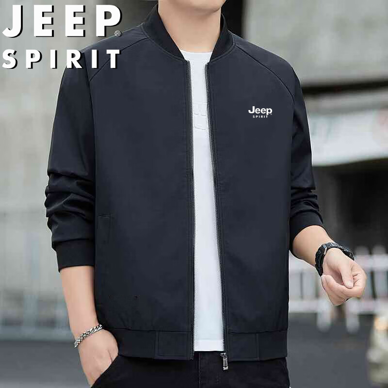 JEEP SPIRIT Men's Jacket, Spring And Autumn Simple Solid Color Baseball Collar Coat Casual Wear, Black, XL