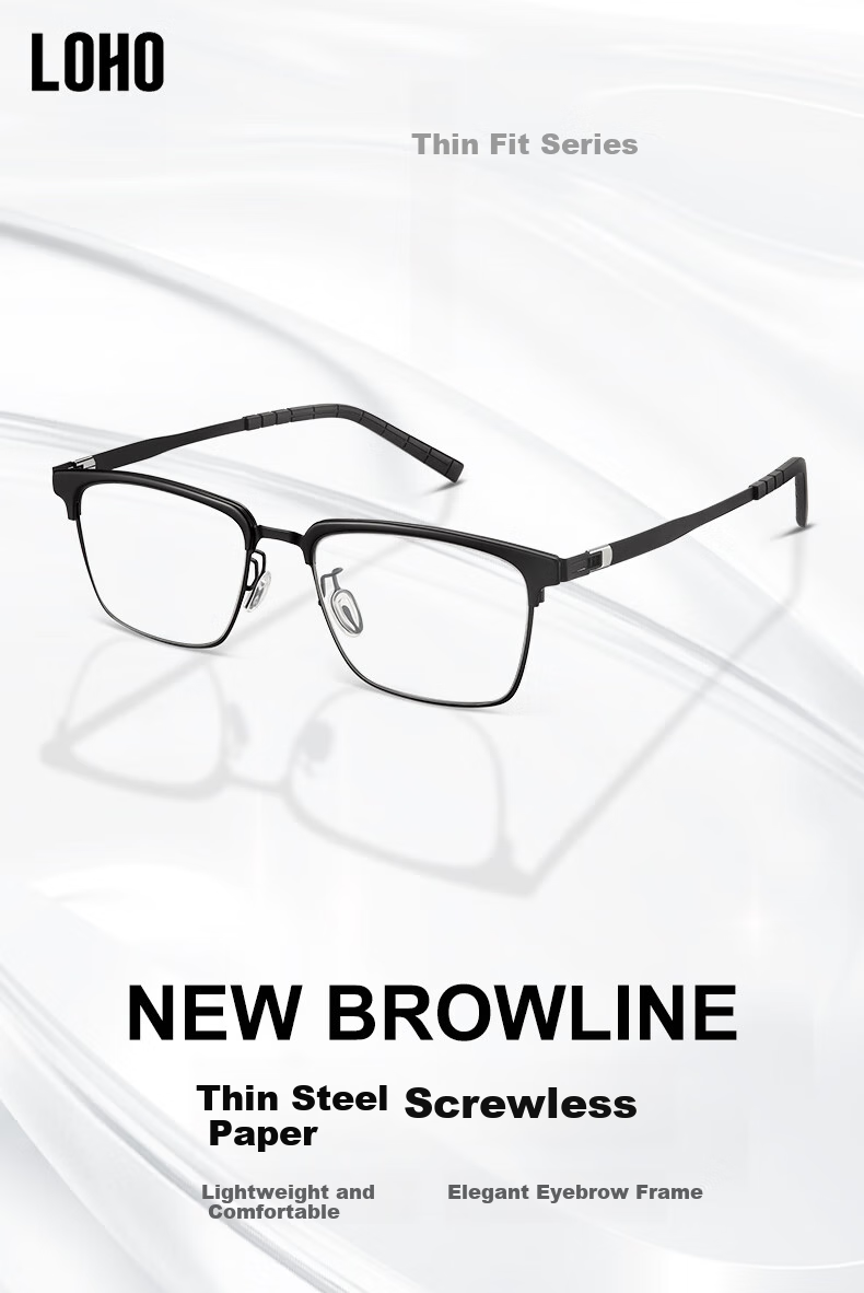 LOHO Thin Steel Series | Ultra-Light Browline Glasses for Men, Business Semi-Rimless Frames with Blue Light Protection, Prescription Available, Anti-Radiatio 1