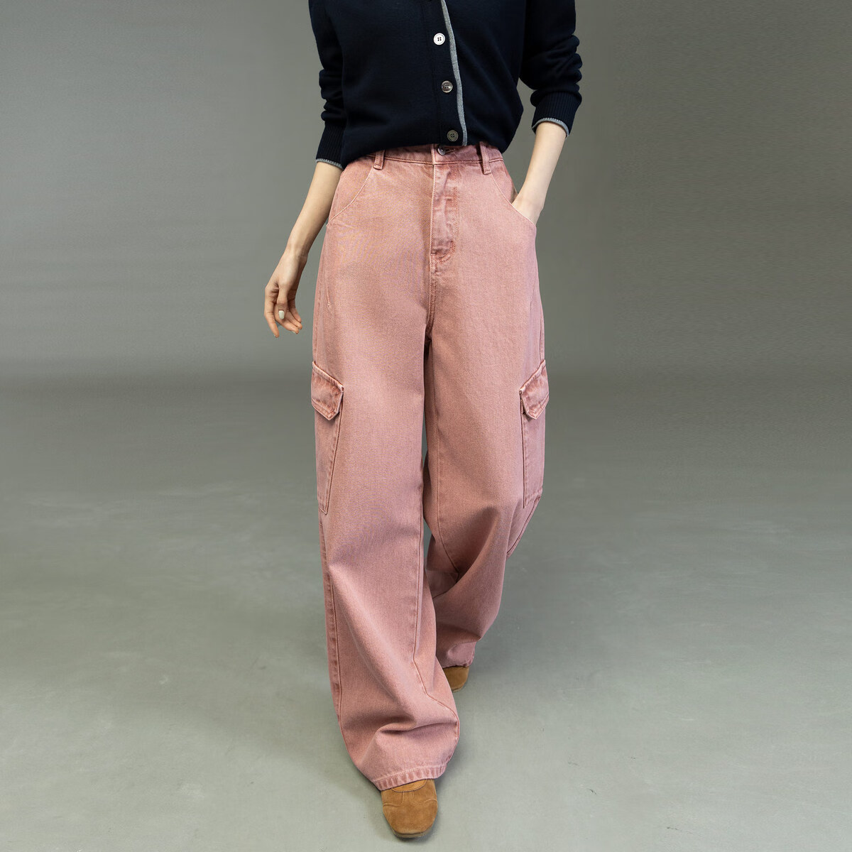 Dme [Sweet Cool Mountain Style] Spring And Autumn Asute-Dyed Nostalgic Multi-Pocket Wide-Leg Cargo Pants for Women, Denim Jeans