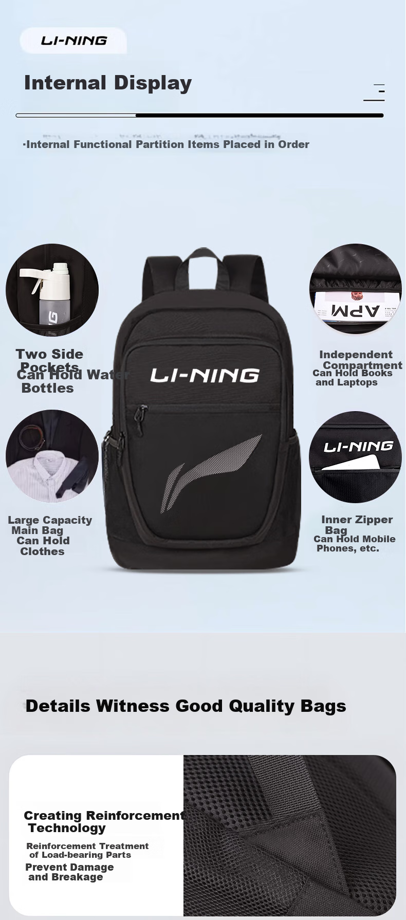 Li-Ning Backpack for Men And Women, Large Capacity School Bag for Middle School, High School And College Students, Outdoor Sports Travel Casual Hiking Backpack 14