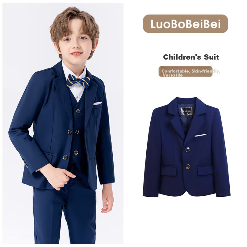 LUOBOBEIBEI Children's Suit Jacket, Korean Style Solid Color Boys' Formal Wear, Flower Boy Performance Little Suit Top, Navy Blue, 130