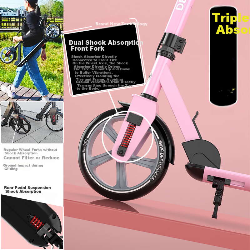 DEPTHPOWER Two-Wheel Children's Scooter for Adults, Age 6-40 Years Old, Triple Shock Absorption, Dual Brakes with Safety Limiter, Flagship Pink with Free Gift
