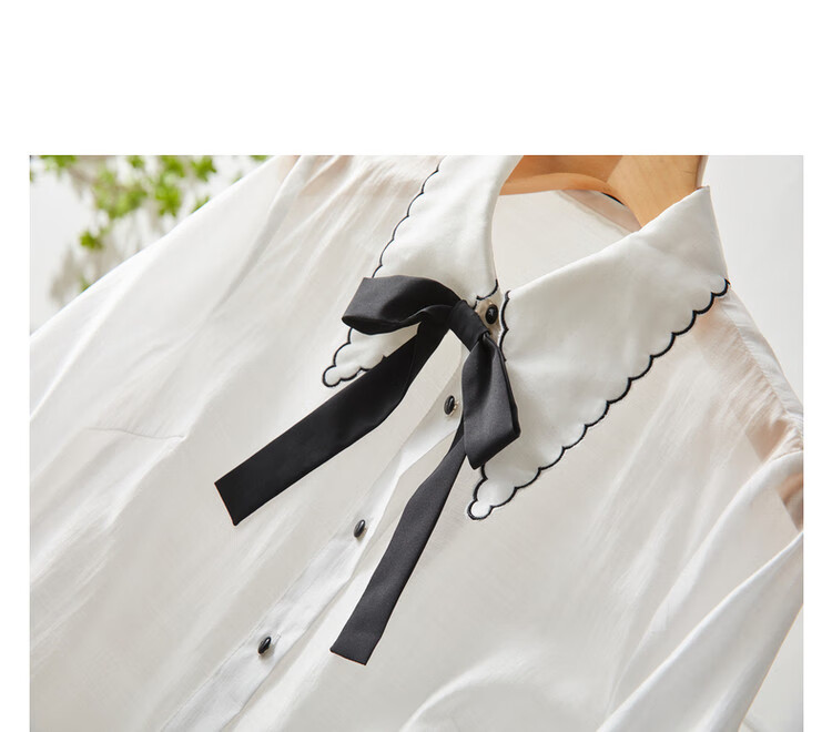 Dme [Detachable Bow Blouse] Spring And Autumn Embroidered Lapel Long-Sleeve Contrasting Color Women's Top Shirt 14
