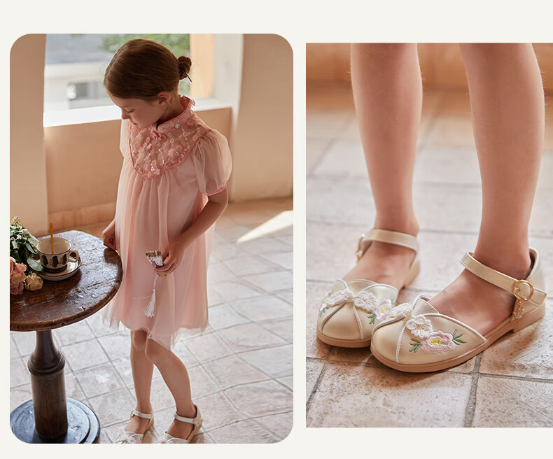 Fulomi Girls Summer Sandals Traditional Chinese Embroidered Hanfu Soft Sole Closed-Toe Princess Shoes Pearl Pink Size 31 11