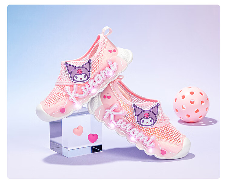 HELLOKITTY Girls' Toddler Shoes, Kuromi Light-Up Sneakers, Children's Sports Shoes, Summer Mesh Shoes, 6842 White Rose Red, Size 27 3