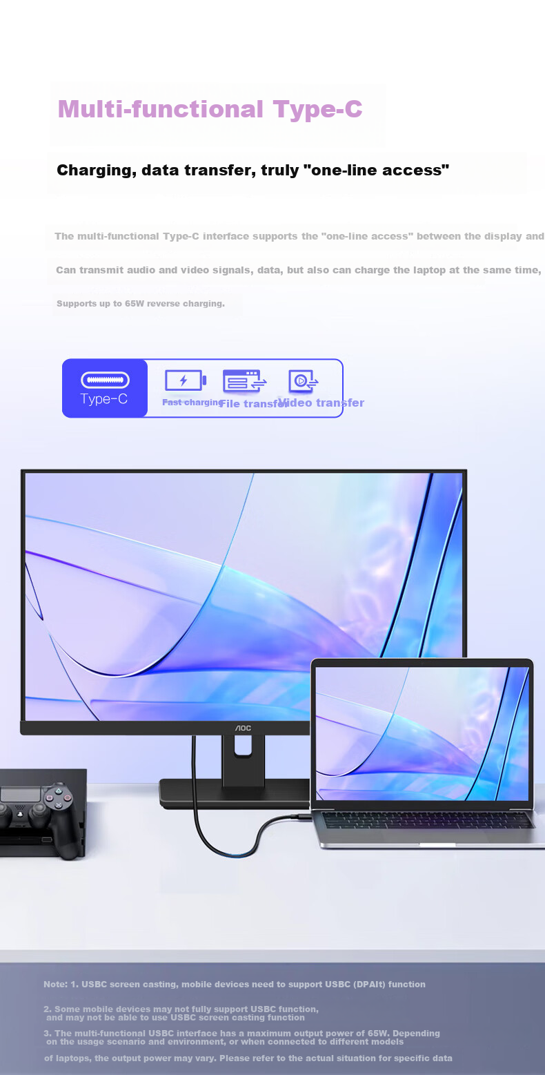 AOC Monitor, 2K 27-Inch IPS Computer Display Screen, Office Study Eye Protection Low Blue Light, Desktop Expansion Laptop Extension Screen Type-C 65W Q27E12C 5