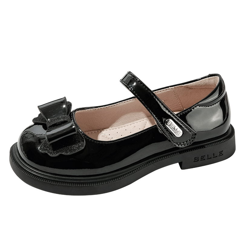 Belle Children's Shoes, Girls' Leather Shoes, Student Shoes for Spring And Autumn, Performance Shoes, Fashionable Casual Flats, Black, Size 33