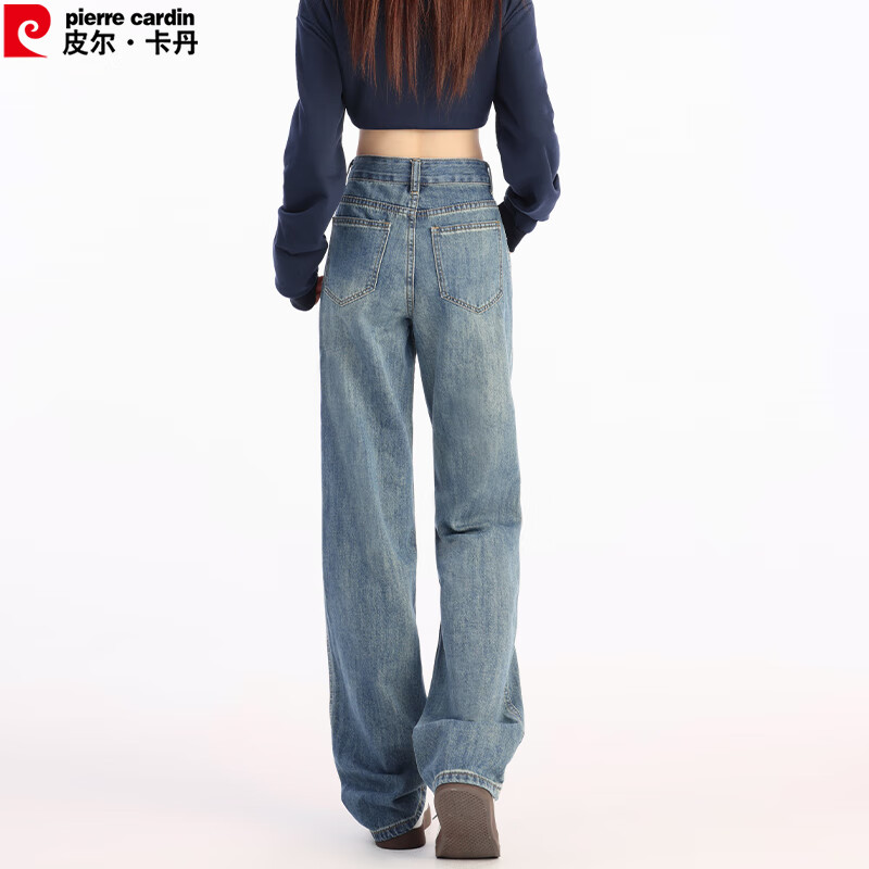 Pierre Cardin Women's Winter Denim Jeans Simple Soft Breathable Casual Slim Fit Straight Wide Leg Retro Blue M