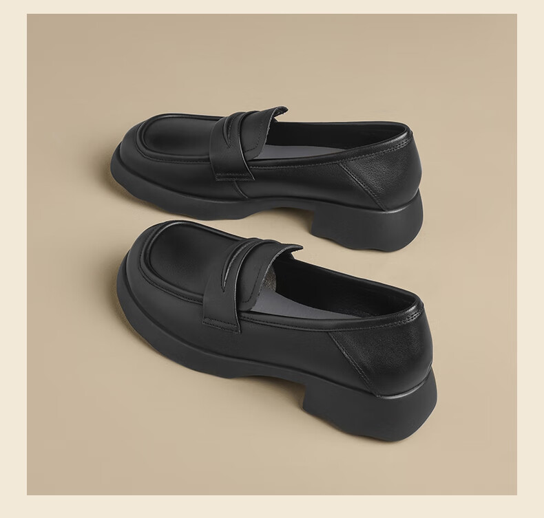 ZHR Top-Grain Leather Loafers for Women, Academic Style Chunky Heel Pumps, Comfortable Versatile Thick-Soled Leather Shoes KL01 Black Size 35 15