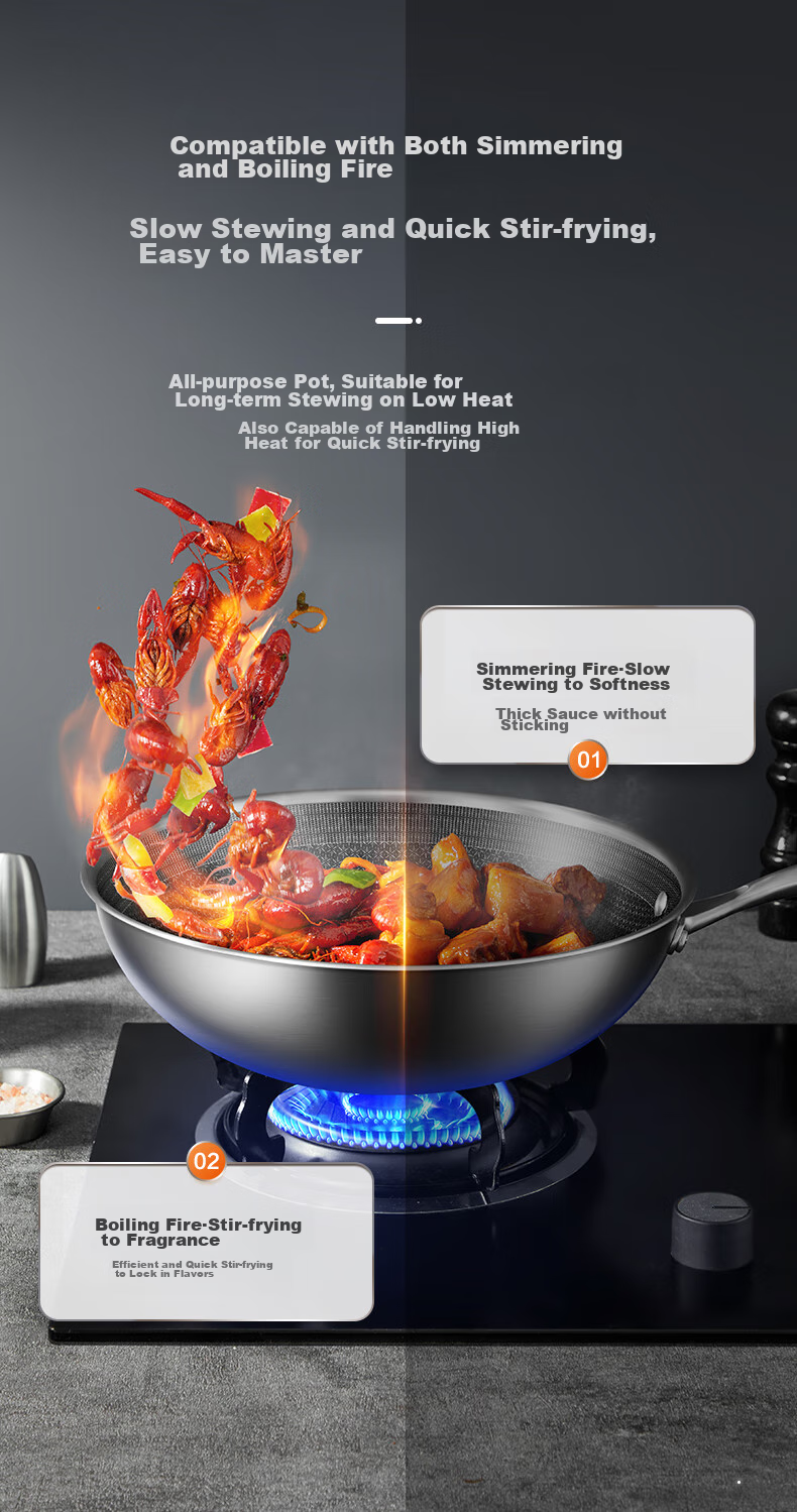 COOKER KING Wok, Honeycomb Pattern 304 Stainless Steel Flat Bottom Non-Stick Frying Pan, Double-Sided Screen Wok, 32CM 6