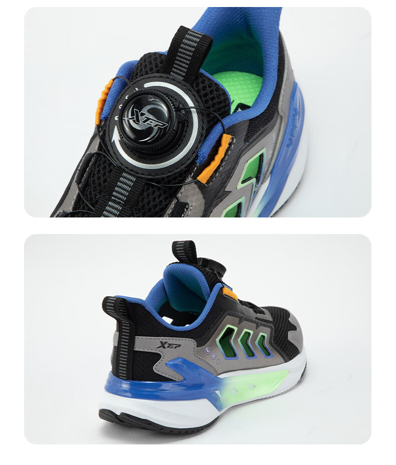 XTEP Children's Shoes for Boys, Big Kids' Mesh Breathable Rotating Buckle Running Shoes, Black/Smart Blue, Size 40 8