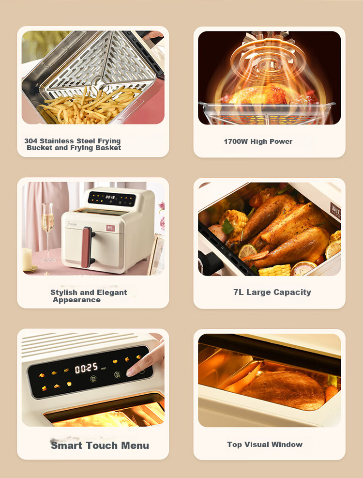 Liven Air Fryer, Non-Coated 304 Stainless Steel Frying Basket, 7L Smart Visible Large Capacity Can Roast Whole Chicken, No Flipping Required Metal Interior KZ-D7170 2