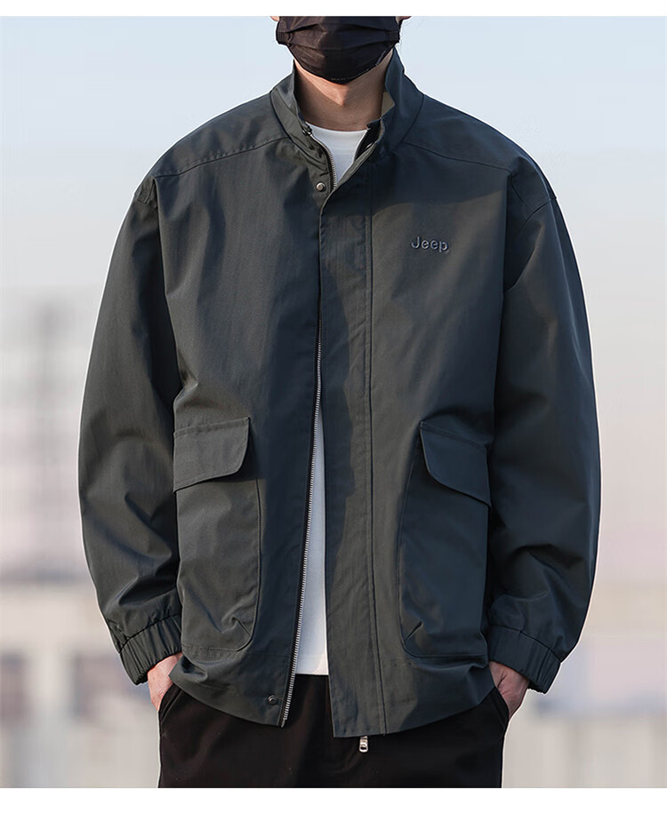 JEEP Men's Jacket, Spring And Autumn Outerwear, Stand-Up Collar, Loose Casual Menswear, Windbreaker Top, Black, 2XL 5