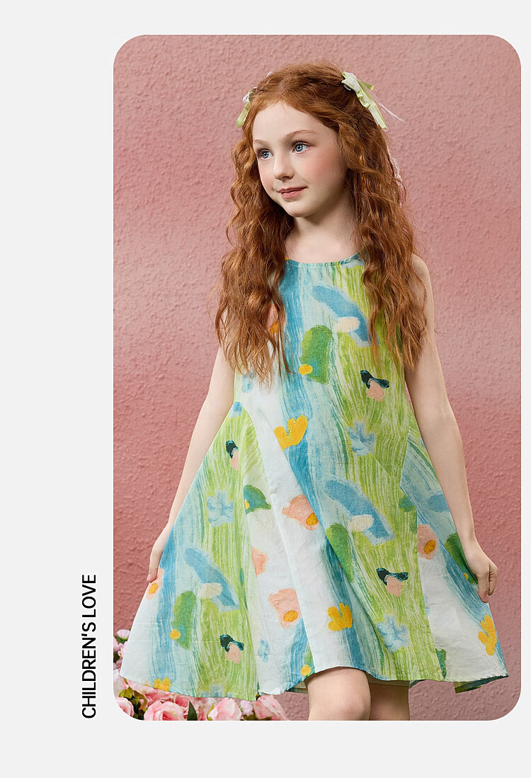 ASK JUNIOR Kids Dress Girls 2026 Summer Sleeveless Vest Dress Beach Vacation Style Princess Dress Green 130 14