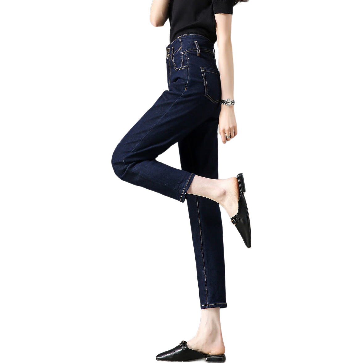 Dme Youthful Long-Legged High-Waisted Double-Button Women's Pants, Blue, Size 27