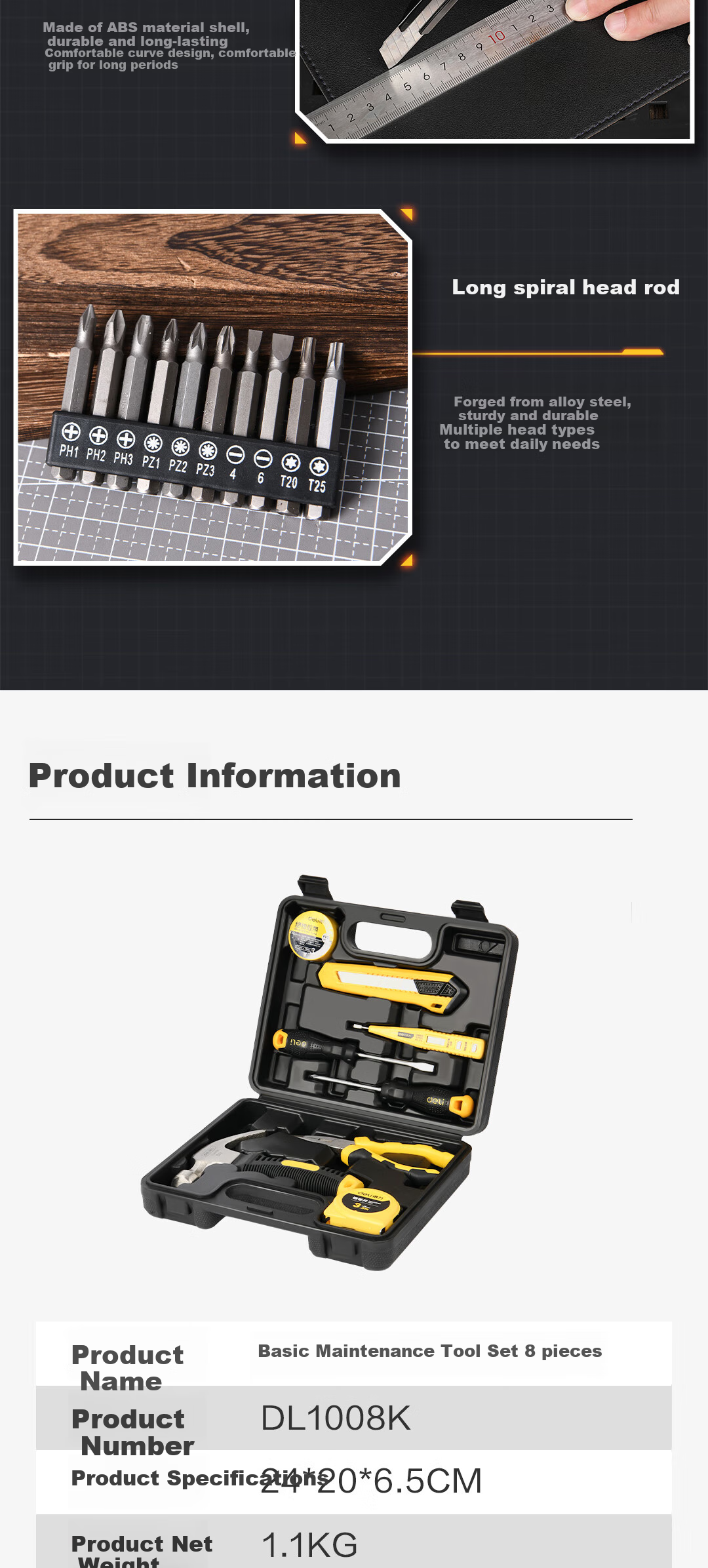 Deli Household Tool Kit Set, 9-Piece Set, for Electricians, Carpenters, Telecommunications Maintenance, Hardware Manual Tools Set 13