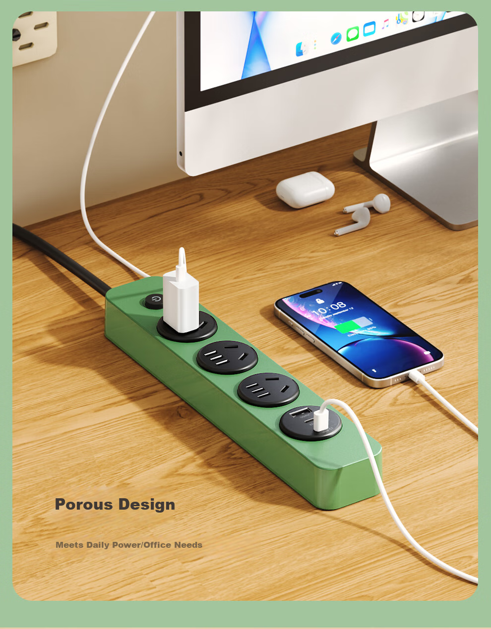 NVCleishidiangong Master Control 3-Outlet Power Strip 1.8m USB Extension Cord Socket Power Bar Desktop Charging Station 35W Harmony Color 2
