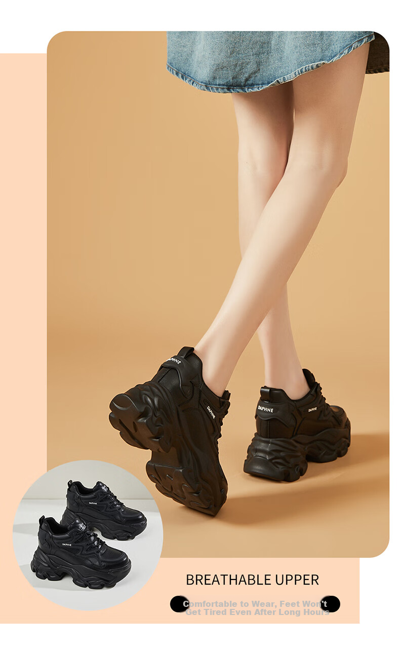 DAPHNE Thick-Soled Height-Increasing Dad Sneakers for Women, Versatile Fashionable Casual Shoes, Style 4623101103, Black, Size 39 7