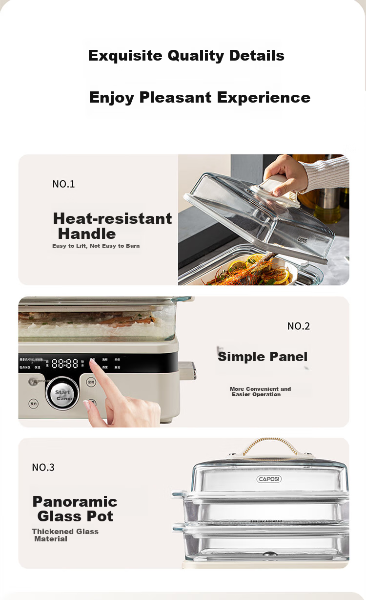 CAPOSI German [0 Coating] Glass Electric Steamer Pot with Stewing And Cooking Functions, 2 Layers, Multifunctional Pot for Home Use, Large Capacity for 3-4 People, Three-Layer Detachable Steam Cooker 14