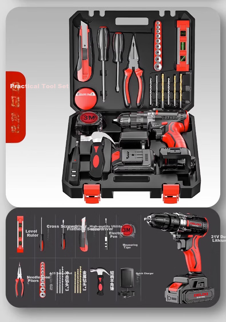 DELIXI ELECTRIC 21V Impact Household Lithium Drill, 122-Piece Set, Electrician-Specific Repair Multi-Functional Hand Drill Tool Box Complete Set 13