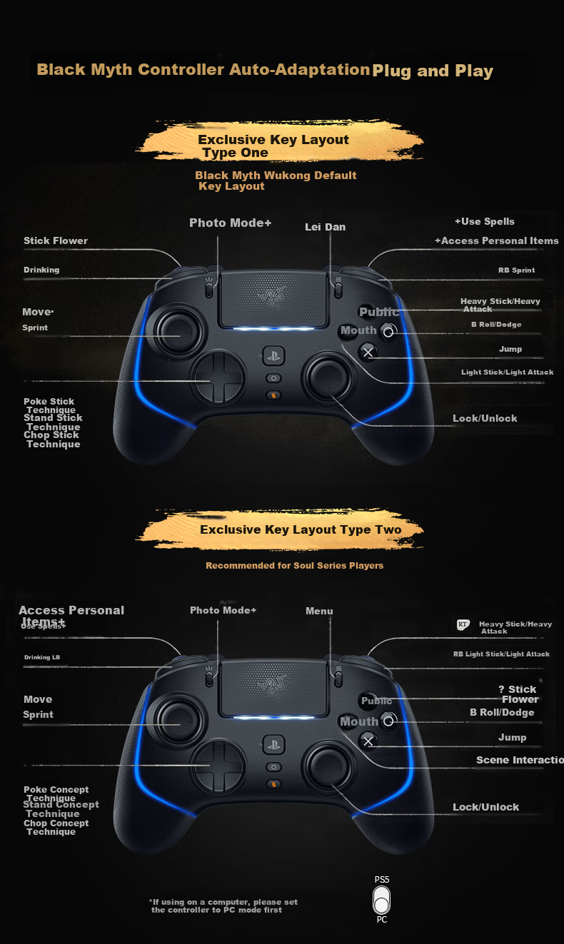 Razer Phantom Warrior V2 Professional Edition Gaming Controller, RGB Wireless Connection with Multi-Function Buttons, Compatible with PS5/PC, Gaming And Entertainment, DW12C, Black 1