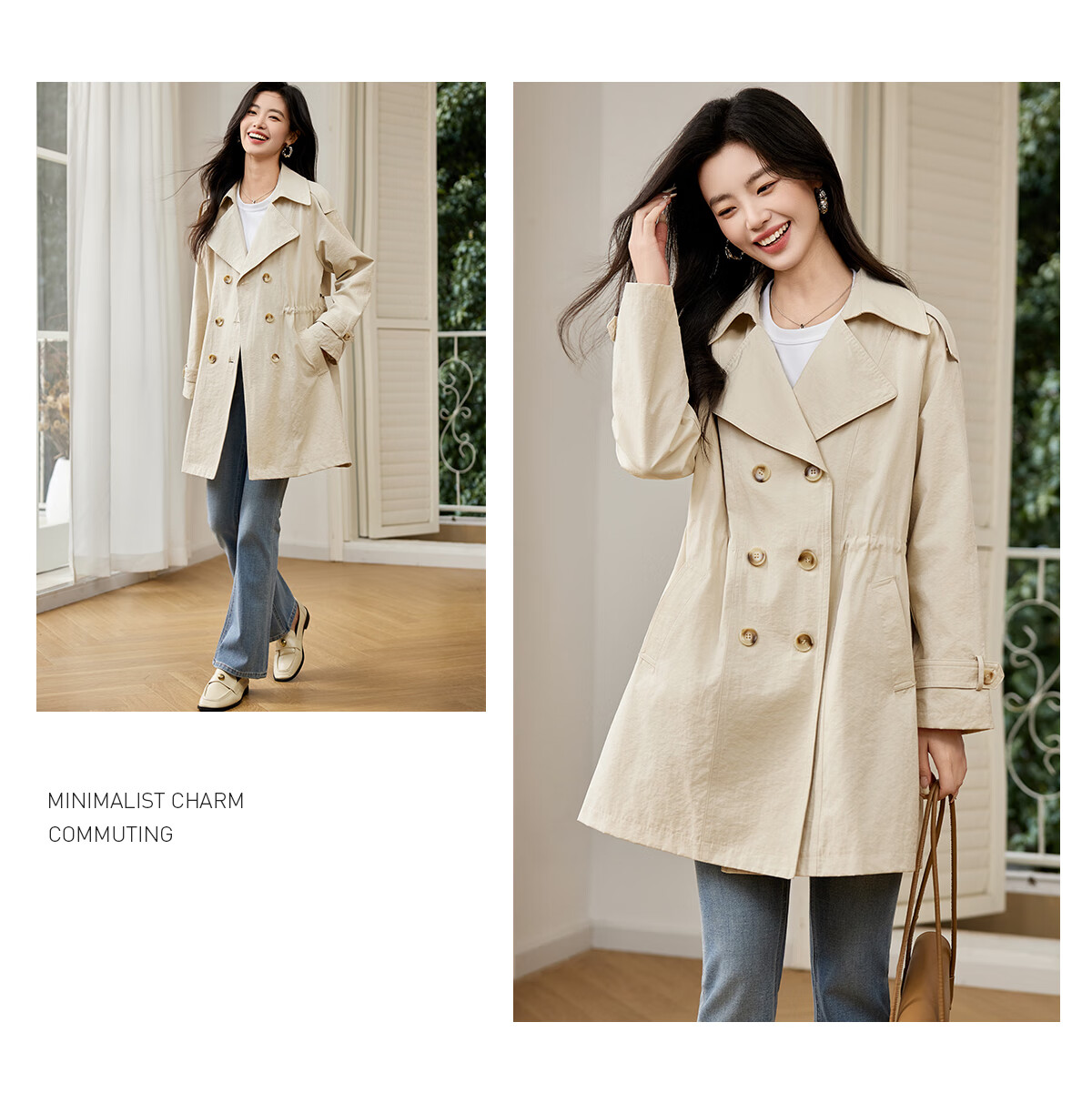 Taxiang Elegant Windbreaker Jacket for Women, Khaki Color, Mid-Length Coat, Spring And Autumn Thin Casual Outerwear T51D021 11