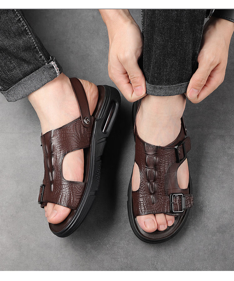 PLAYBOY Leather Sandals for Men, Summer Casual Beach Shoes, Breathable Slippers for Outdoor Wear, Dark Brown, Size 43 1