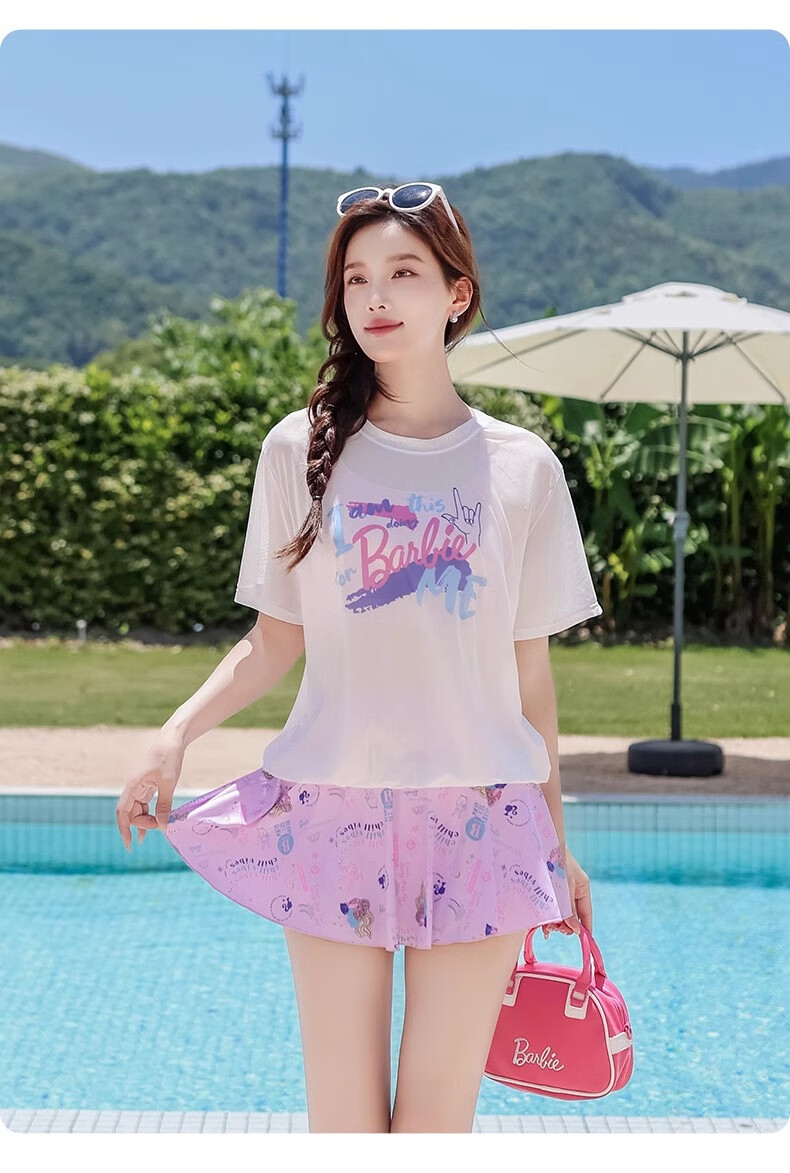 Barbie Conservative Two-Piece Swimsuit Set for Women, Casual Plus Size Swimwear to Hide Belly And Slim Figure, Suitable for Hot Springs And Vacation, Elegant Style 13