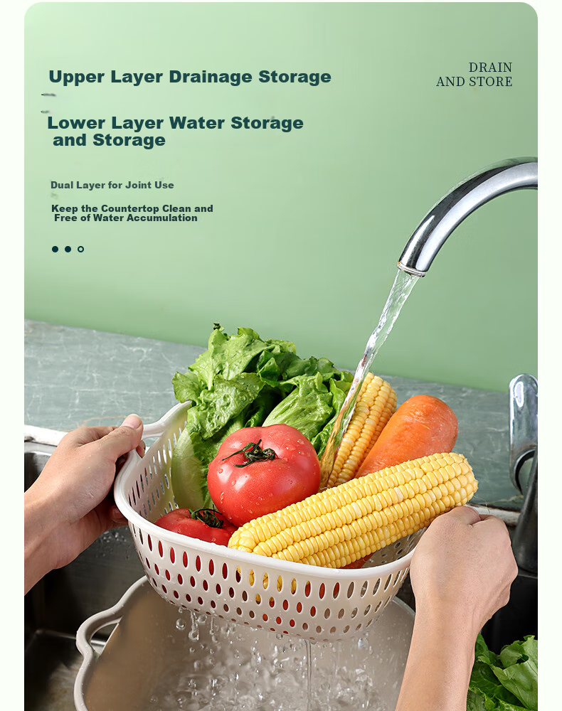 BJ Double-Layer Draining Basket, Plastic Draining Basket, Vegetable Washing Basin, Fruit Plate, Household Stackable Storage Basket, 6-Piece Set 3