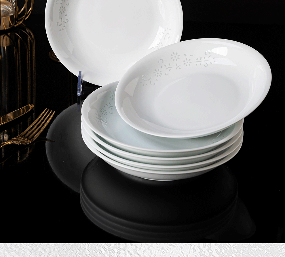 Jingde Story Jingdezhen Ceramic Plate Set 8-Inch Dinner Plates Deep Plates Underglaze Color Exquisite White Porcelain Plates Set of 6 1