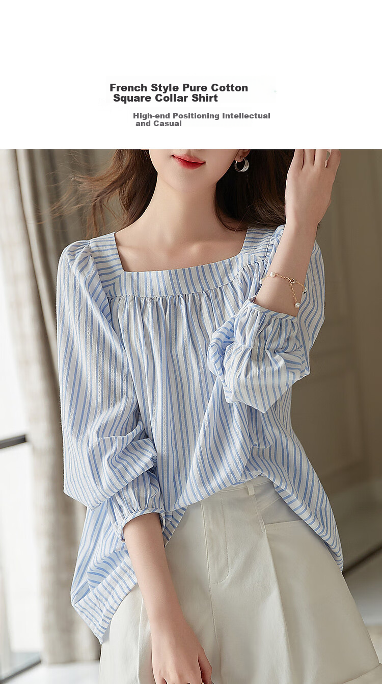 Dme Lantern Sleeve Striped Blouse Women's Top, Navy Blue, S 2