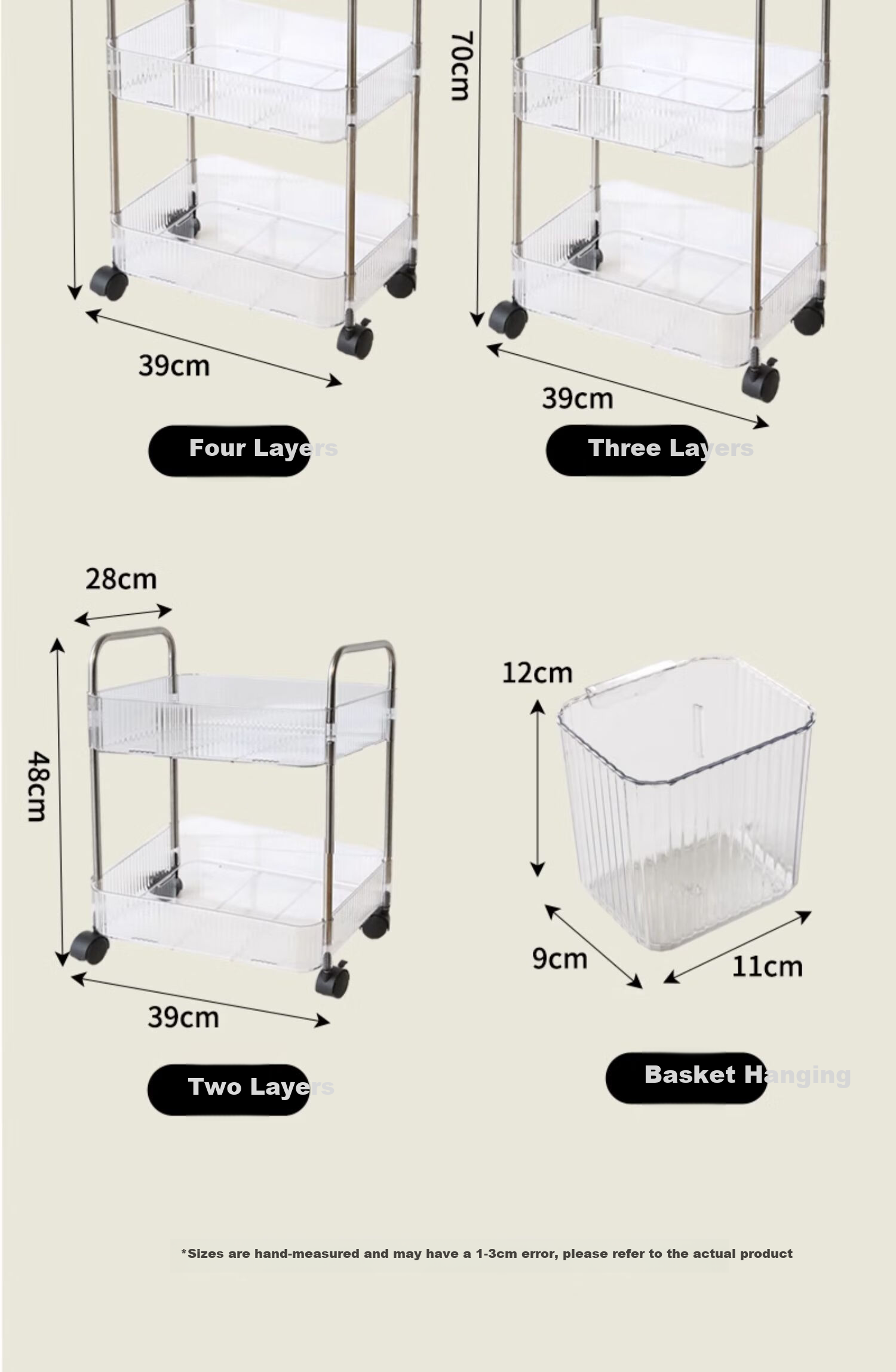QIAONAMEI Movable Storage Rack, Transparent Storage Shelf, Cosmetic Organizer, Bathroom And Living Room Storage Rack, 1212 12