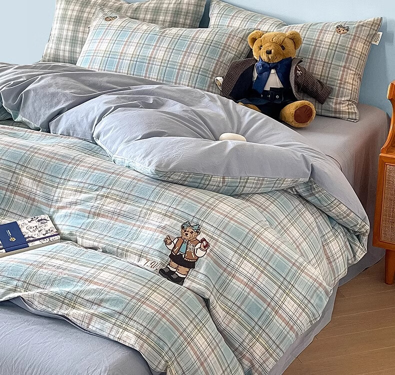 Teenie Weenie Cotton Bedding Set, Pure Cotton Class A 100% Cotton Washed Bed Sheet, 1.8m Double Bed Duvet Cover, Casual College Style 13