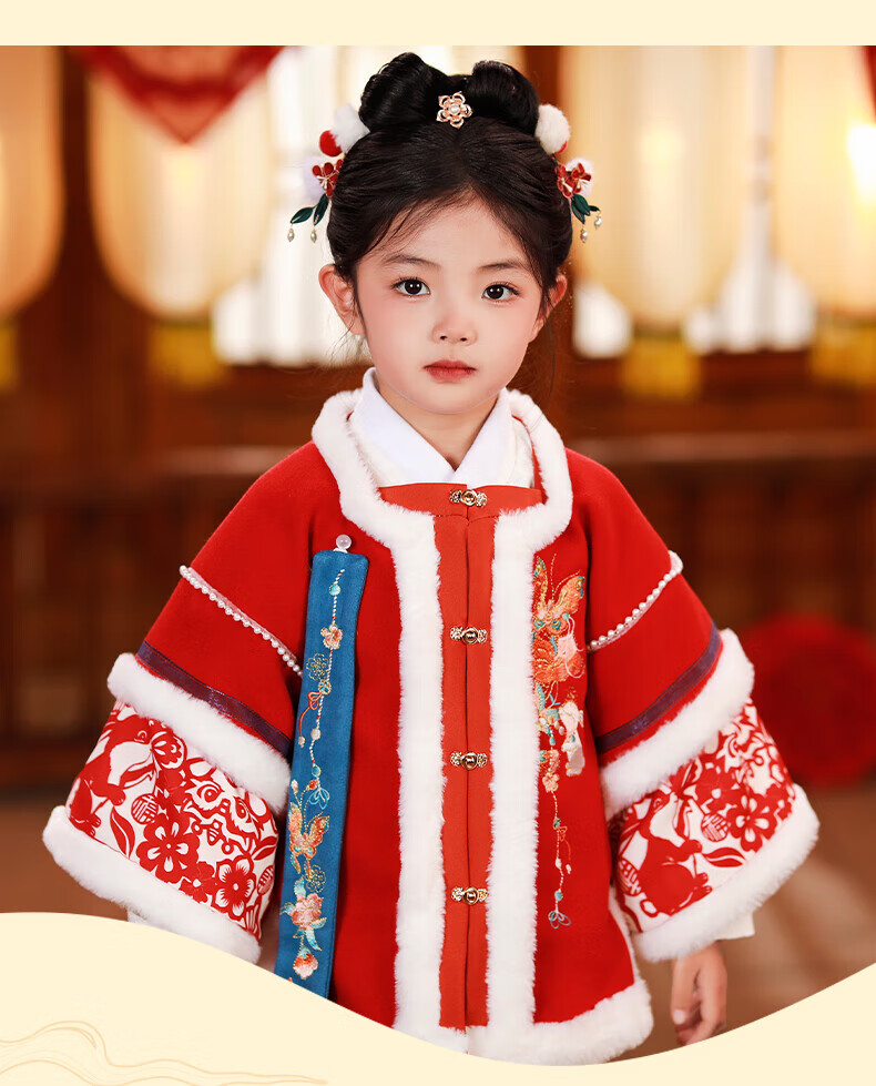 Romon Girls' Hanfu Winter New Year Outfit Thickened Chinese Style Ming Dynasty Performance Costume Red Size 130 3